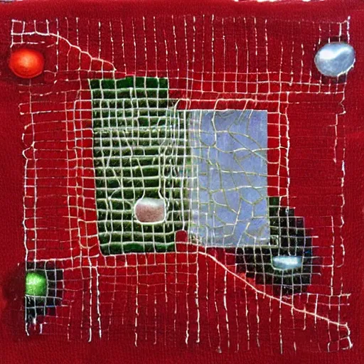 Prompt: chrome spheres on a red cube, embroidered