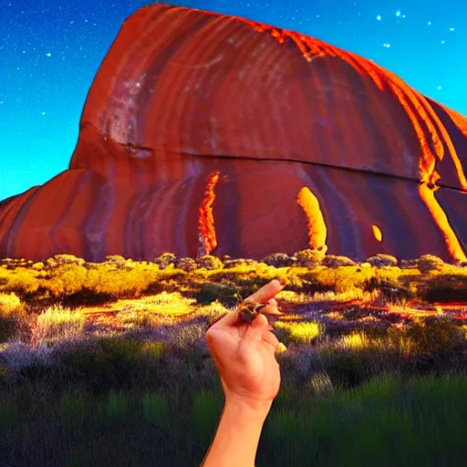 Image similar to terence mckenna, up close at uluru, smoking a cigar, stars, in the style of psychedelic surrealism, 4 k