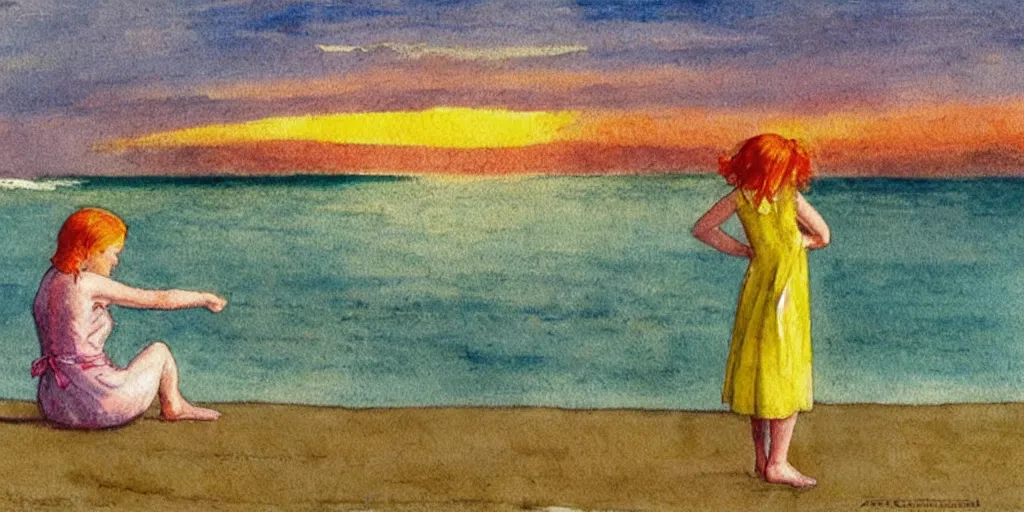 Prompt: girl with strawberry blonde hair wearing a yellow sundress sitting on a beach by the ocean, sunset, god rays, big clouds, watercolor and pencil, pastel colors, edward hopper, andrew wyeth