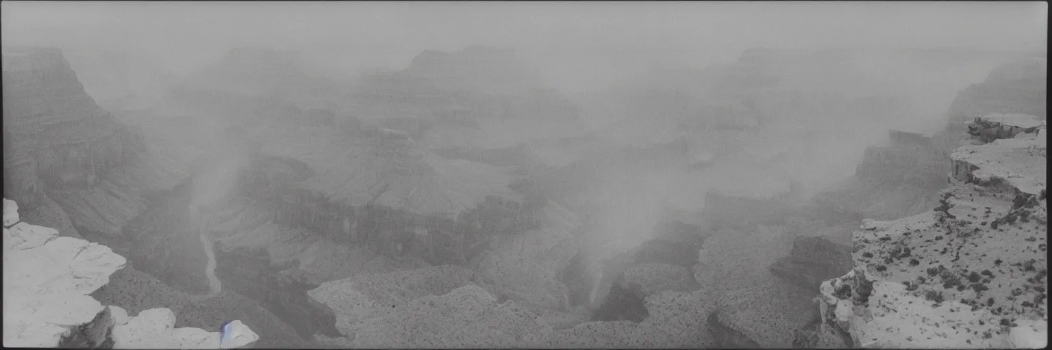 Image similar to the grand canyon made of concrete, looking down, foggy, megalophobia, old polaroid, expired film,