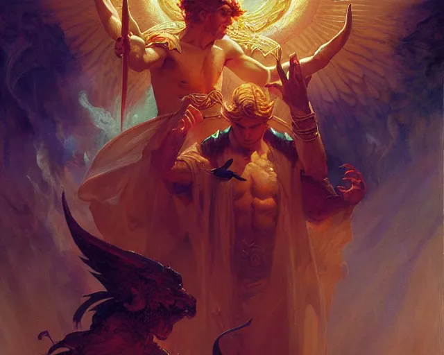 Image similar to attractive male deity, casting demonic magic, summoning handsome lucifer morning star. highly detailed painting by gaston bussiere, craig mullins, j. c. leyendecker 8 k