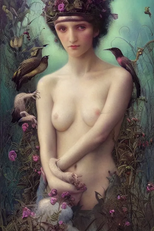 Prompt: bill murray explaining the birds and the bees by Tom Bagshaw in the style of a modern Gaston Bussière, art nouveau, art deco, surrealism. Extremely lush detail. Melancholic scene. Perfect composition and lighting. Profoundly surreal. High-contrast lush surrealistic photorealism. mischievous expression on his face.