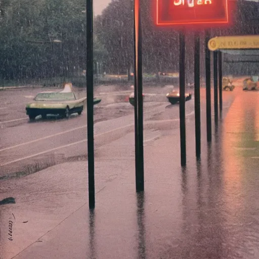 Image similar to 1990s perfect 8K HD professional cinematic photo of a bus stop in dystopian world, at evening during rain, at instagram, Behance, Adobe Lightroom, with instagram filters, depth of field, taken with polaroid kodak portra