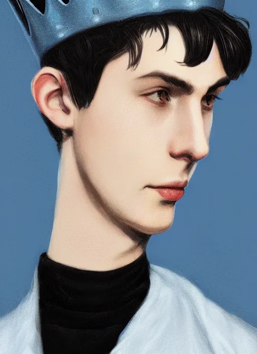 Image similar to portrait of teenage jughead jones wearing a light grey crown, crown, blue turtleneck, 1 9 5 0 s, closed eyes, photorealistic, black hair, glowing lighting, intricate, elegant, glowing lights, highly detailed, digital painting, artstation, concept art, smooth, sharp focus, illustration, art by wlop, mars ravelo and greg rutkowski