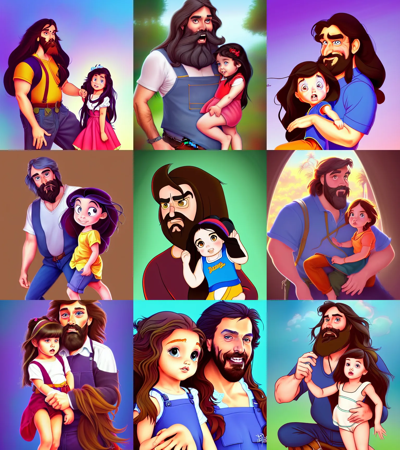 Prompt: a long - haired bearded father and his brunette child toddler girl wearing a overall full color digital illustration in the style of don bluth, artgerm, artstation trending, 4 k