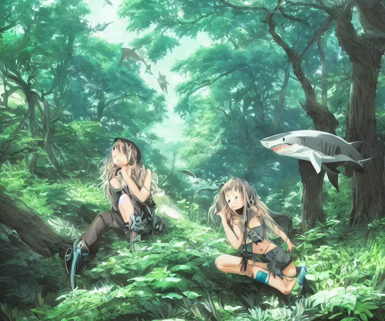 Image similar to shark in a forest, anime fantasy illustration by tomoyuki yamasaki, kyoto studio, madhouse, ufotable, comixwave films, trending on artstation