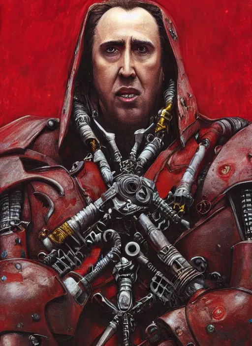 Image similar to portrait of rotten Nicolas Cage as adeptus mechanicus in red hood and robe from Warhammer 40000. Highly detailed, artstation, illustration by and John Blanche and zdislav beksinski and wayne barlowe and Gustav Klimt