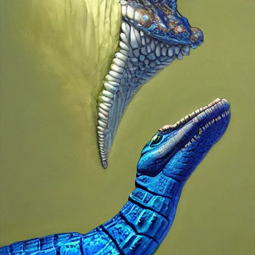 Image similar to a detailed close - up oil painting profile of a crocodile blue jay hybrid with open jaws, flying, intricate, trending on artstation, well - lit, by michael whelan, james gurney, and donato giancola - w 7 0 0