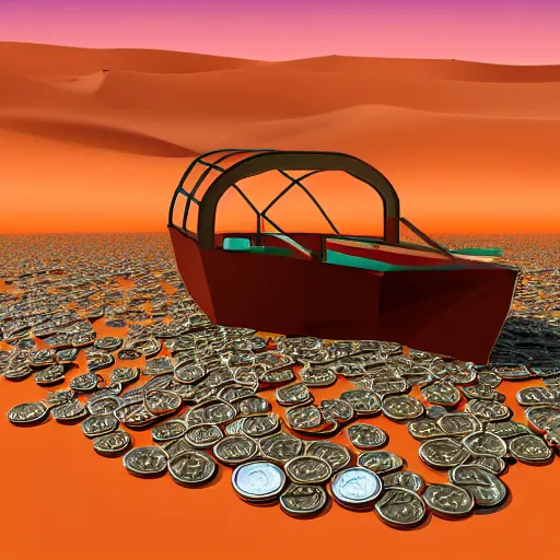 Image similar to boat in the dessert filled with coins, game concept, low poly