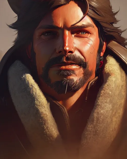 Image similar to mccree from overwatch, character portrait, portrait, close up, concept art, intricate details, highly detailed by greg rutkowski, michael whelan and gustave dore