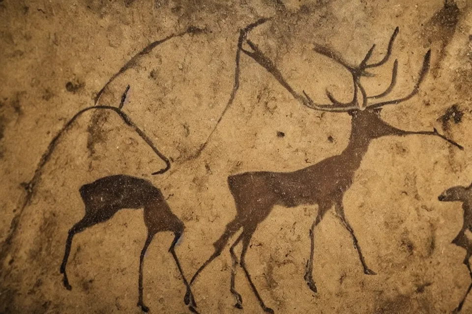 Image similar to a cave painting of a deer and r 2 - d 2. lascaux cave paintings, chauvet