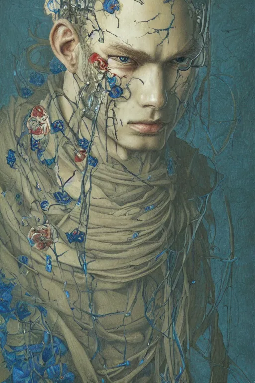 Prompt: portrait of beautiful young man, warhammer, japanic style, cyberpunk, a lot of scars, more and more flowers, blue head, the middle ages, highly detailed, artstation, illustration, art by jean delville, 8 k quality