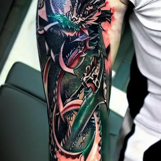 Prompt: anime manga full color dragon!! Emerald and obsidian dragon, forearm tattoo, tattoo