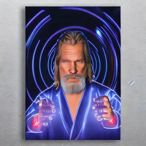 Image similar to dude lebowski dressed in bathrobe played by jeff bridges, stuck in tron realm, photorealistic movie still, detailed 8 k, poster style, high resolution