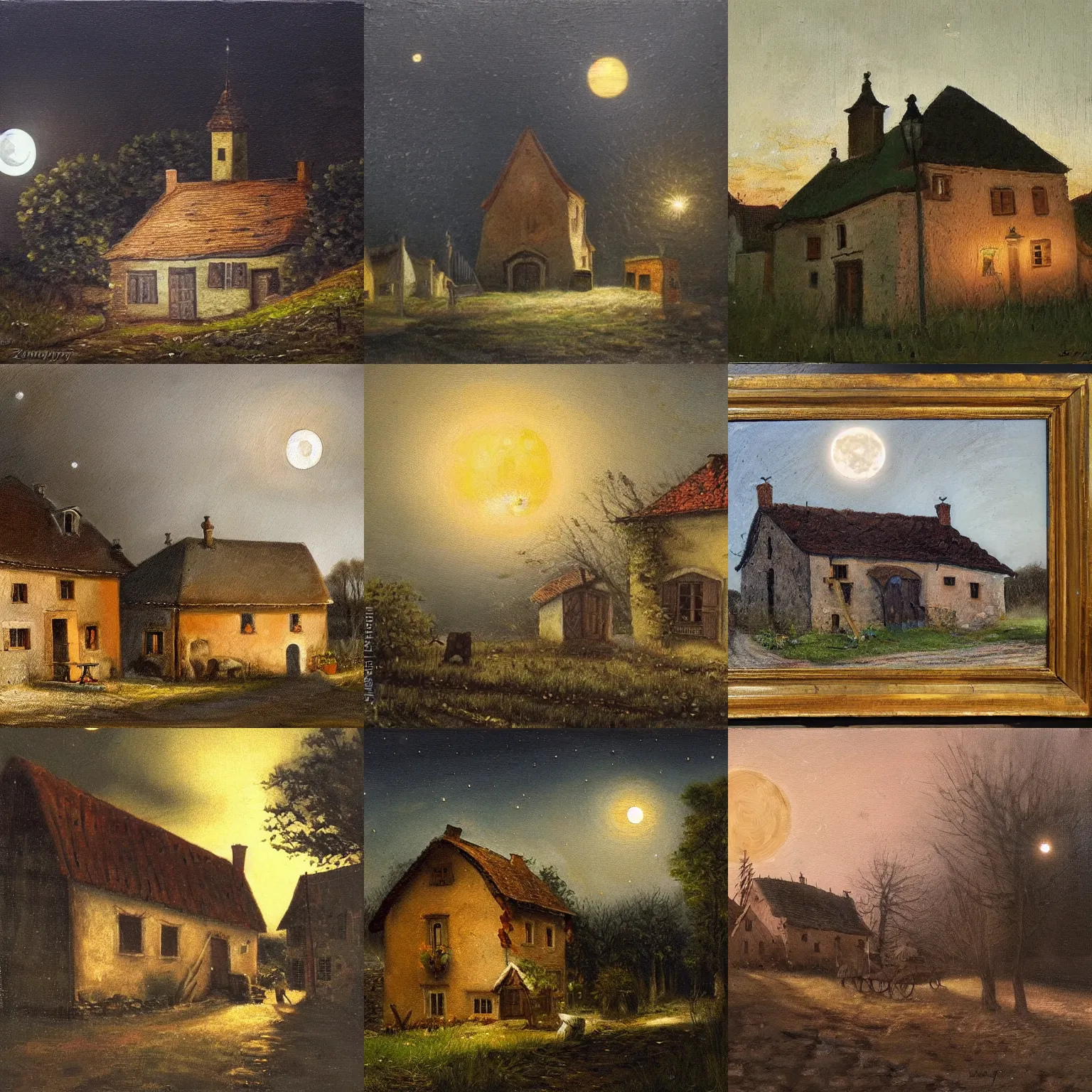 Prompt: a 1 9 th century, old hungarian village house. atmoshperical, midnight, moon lighting, realistic, highly detailed, shadows, mysterious, oil canvas, landscape by szinyei merse pal, mednyanszky laszlo, meszoly geza, and lotz karoly
