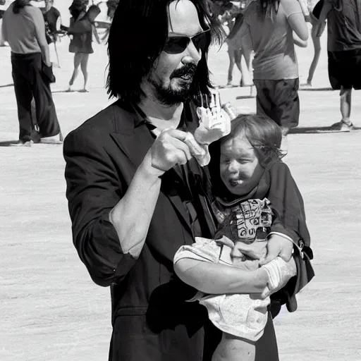 Image similar to keanu reeves dressed as a baby smoking a hot dog at burning man