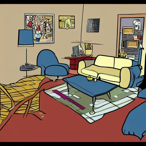 Prompt: simple apartment interior, in the style of dan decarlo, archie comics