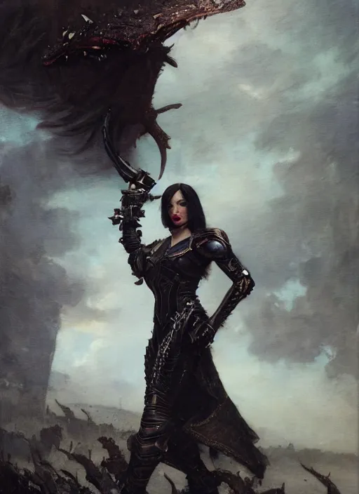 Image similar to kat dennings wearing black armour by gaston bussiere, bayard wu, greg rutkowski, giger, maxim verehin, greg rutkowski, masterpiece, sharp focus, cinematic lightning