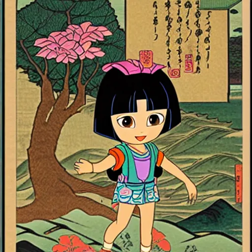 Image similar to real girl dora the explorer and boot the monkey ukiyo-e highly detailed