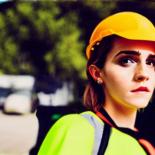 Prompt: photo, close up, emma watson in a hi vis vest, chewing tobacco, portrait, kodak gold 2 0 0,