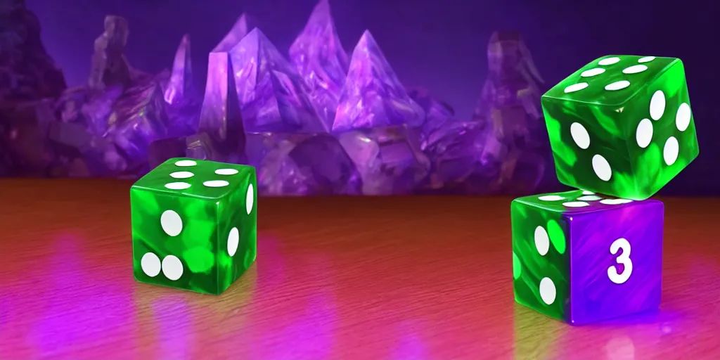 Prompt: giant magical 3 d d 6 casino dice cube amethyst, glowing, energy radiating, fantasy forest in the background, 4 k detailed, by shaddy safadi and cam sykes and james paick