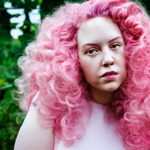 Prompt: a photograph of rose quartz from steven universe, portrait photography, 85mm, iso 400, focus mode ,a kind expression, detailed portrait, gigantic pink ringlets, huge curly pink hair, tight gigantic pink curls, warm features, plus size, white dress, gorgeous, kind features, beautiful woman, flattering photo, daylight