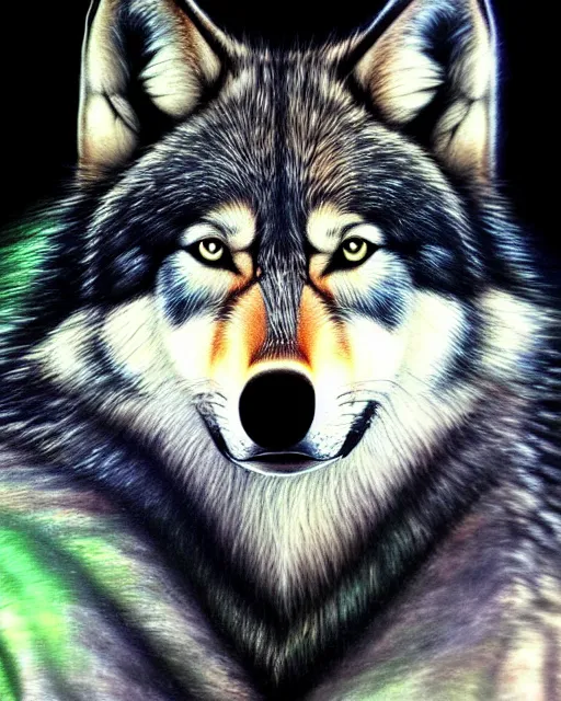 Image similar to realistic paining of a wolf, psychedelic, dark art, facing camera, photo realistic, detailed, 1 4 5 0, delicate, hyper realism, ultra realistic, 8 k