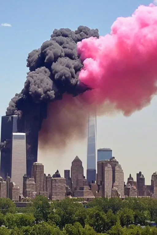 Image similar to 9/11 Gender reveal, horrifying, pink and blue smoke, intense, flaming building, airplane crashes