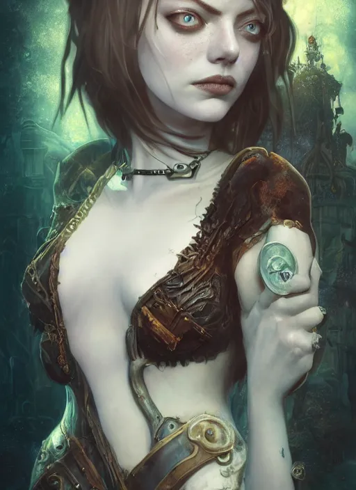Prompt: dark underwater goth gothic steampunk portrait of emma stone, hyper detailed, digital art, cinematic lighting, studio quality, smooth render, unreal engine 5, octane rendered, art style by klimt and nixeu and ian sprigger and wlop and krenz cushart.