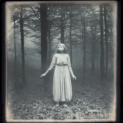 Image similar to an ancient evil-girl on a mysterious fractal forest, mist, 1910 polaroid photography, grainy film, Black and white