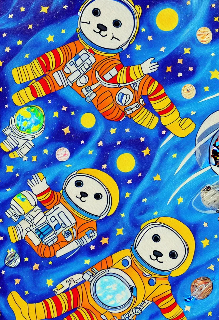 Image similar to children's storybook, detailed guache painting, semi-realistic portrait of an otter in an astronaut space suit floating in outer space.