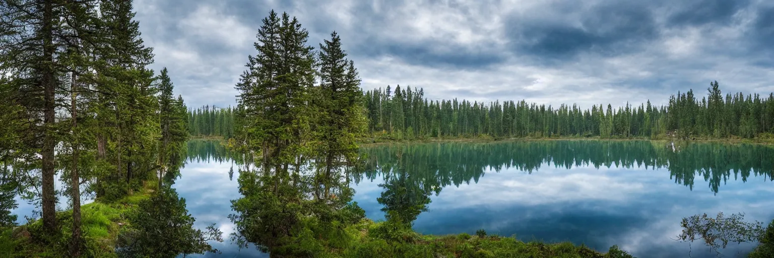 Prompt: a Lake next to a winding Road with many trees and reflections