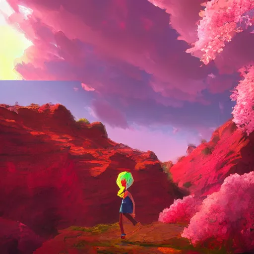 Prompt: giant cherry blossom as a head, girl hiking in a canyon, surreal photography, sunrise, dramatic light, impressionist painting, colorful clouds, digital painting, artstation, simon stalenhag