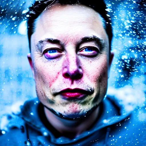 Prompt: Frozen Elon Musk covered in snow, blue, winter, grungy, unkept hair, glowing eyes, modelsociety, radiant skin, huge anime eyes, RTX on, perfect face, directed gaze, intricate, Sony a7R IV, symmetric balance, polarizing filter, Photolab, Lightroom, 4K, Dolby Vision, Photography Award