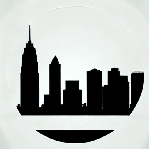 Image similar to a perfect circle where the inside is empty blank space and around the outer edge of the circle is the silhouette of a city skyline, black and white, minimalist, in the style of a line drawing