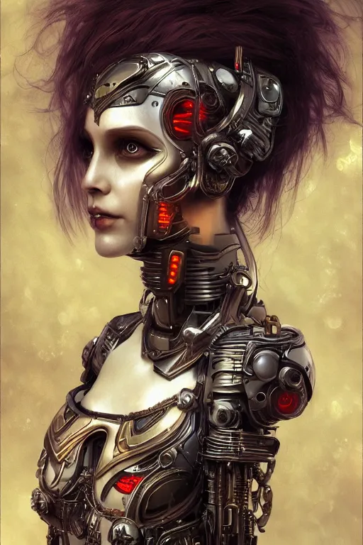 Image similar to portrait of beautiful young gothic cyborg maiden, cyberpunk, Warhammer, highly detailed, artstation, illustration, art by Gustav Klimt