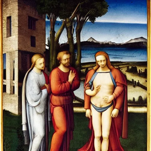 Prompt: a pietro perugino political ink painting, carried him home, for just as he was aroused he had been about to sail in a golden galley, a japanese backyard of tinfoil