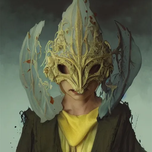 Image similar to Person in tattered old yellow wizard robes, wearing a white expressionless masquerade mask, Fantasy, 4k, alphonse mucha, Adolfo Hohenstein, Alice Russell Glenny, Stanley Artgerm Lau, greg rutkowski, detailed 4k horror artwork, trending on artstation, smooth, sharp focus