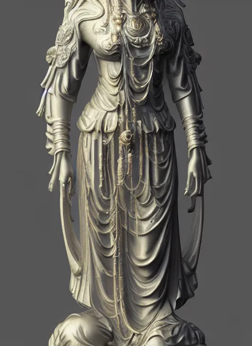 Image similar to a art deco sculpture statue of full body guanyin, intricate complexity,, statue by jane hamilton, ruan jia, character concept, radiant light,, frostbite 3 engine, cryengine, dof, trending on artstation, digital art, fantasy detailed abackground