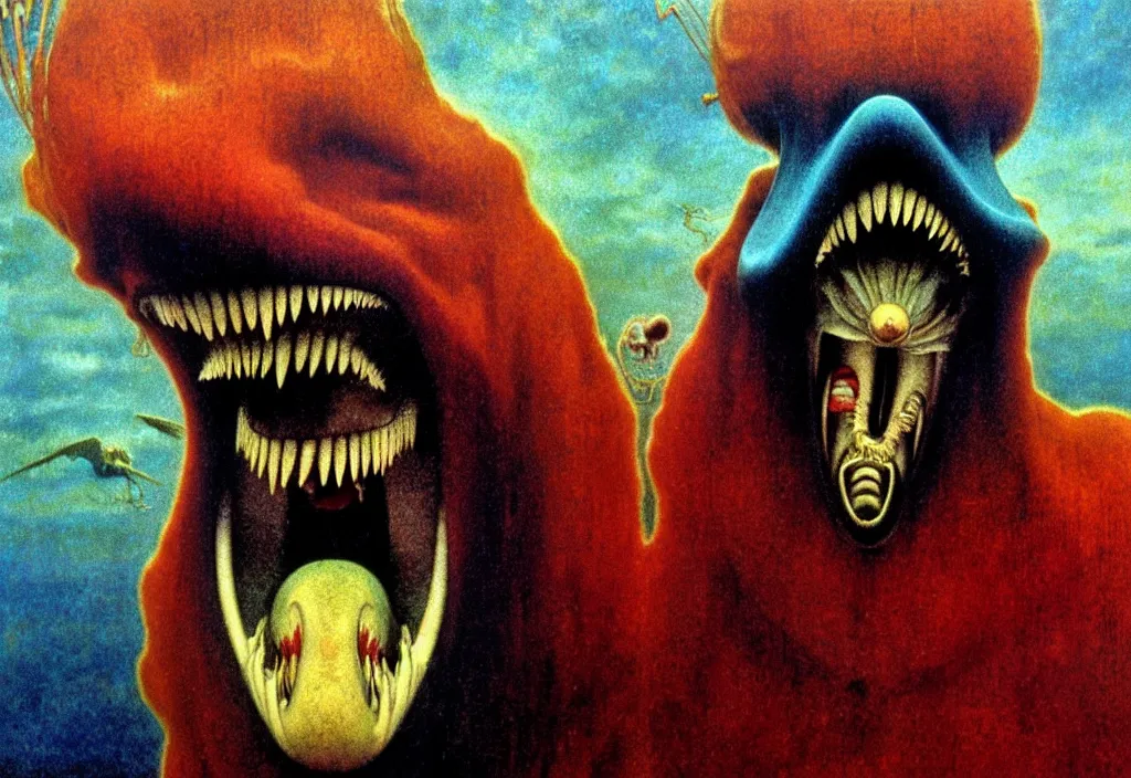 Prompt: realistic detailed portrait movie shot of a screaming birdman wearing black robes, sci fi landscape background by denis villeneuve, amano, yves tanguy, alphonse mucha, ernst haeckel, max ernst, roger dean, masterpiece, rich moody colours, snarling dog teeth, blue eyes