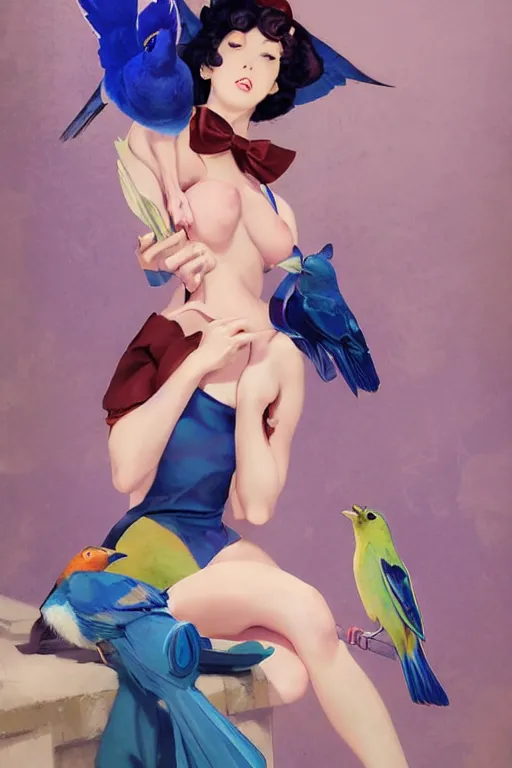 Image similar to anime pinup girl holding an indigo bunting, bird, the bird is wearing a bowtie, by greg rutkowski, rossdraws, gil elvgren, enoch bolles, anime, porcelain skin, very coherent