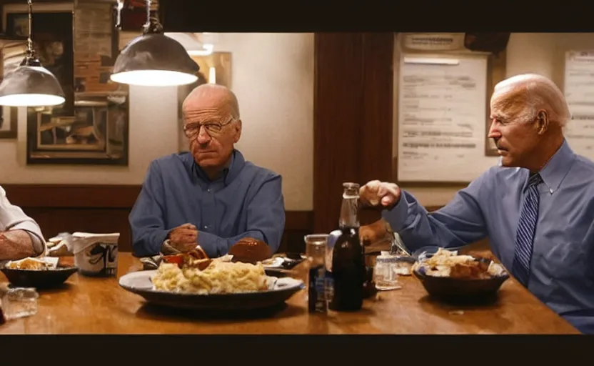 Prompt: photo of joe biden and walter white in the restaurant los pollos hermanos sitting on the same table, looking at each other, ultra detailed, movie frame, cinematical composition, 4 k, breaking bad
