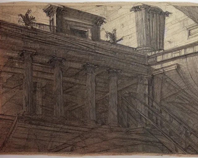 Image similar to red blue and green ballpoint pen on plywood. Piranesi imagination.