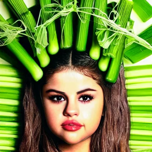 Image similar to selena gomez made out of celery, a human face with celery for hair, celery in the shape of a human face, a bunch of celery sitting on a cutting board, professional food photography