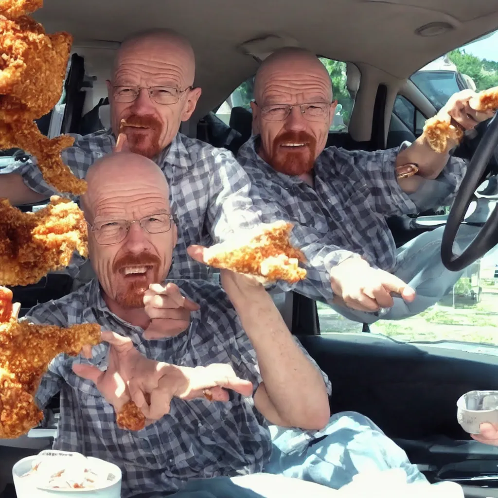 Image similar to photo of walter white sitting in a car, surprised soyjak face, surrounded by fried chicken, mukbang video, youtube video, soyface!!!, hd