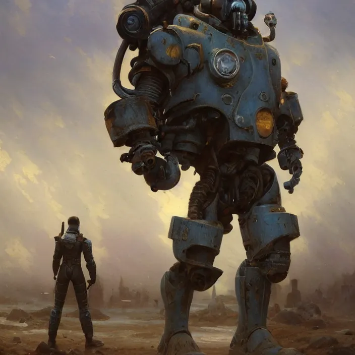 Image similar to a beautiful oil painting of a t - 4 5 power armor, fallout 4 by ivan aivazovsky and greg rutkowski and james gurney and frank lloyd and sung choi and monet, in style of impressionnisme. hyper detailed, sharp focus, soft light. unreal engine 5 lumen. ray tracing. trending on artstation. oil on canvas