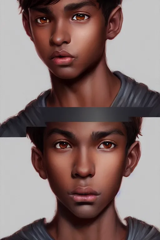 Image similar to young teenager boy with straight short brown hair, dark skin, big lips. highly detailed, d & d, fantasy, highly detailed, digital painting, trending on artstation, concept art, sharp focus, illustration, art by artgerm and greg rutkowski and fuji choko and viktoria gavrilenko and hoang lap