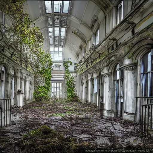 Prompt: overgrown denbigh asylum aka the north wales hospital, hyperrealistic