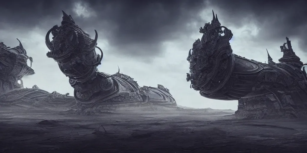 Image similar to a large ominous and geometric very ornate and detailed spaceship, lots of shapes intertwined very large and long floating over a barren dry land with an epic cloud formation on the background by James Paick,very detailed, octane render, 8k, scary and brooding, scary and dark, canon 24mm lens