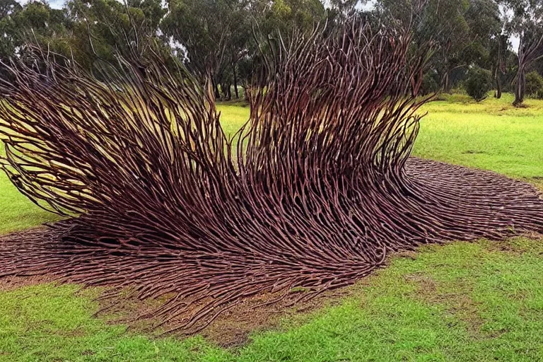 Image similar to “dramatic award-winning corten steel sculpture in an Australian wetlands”